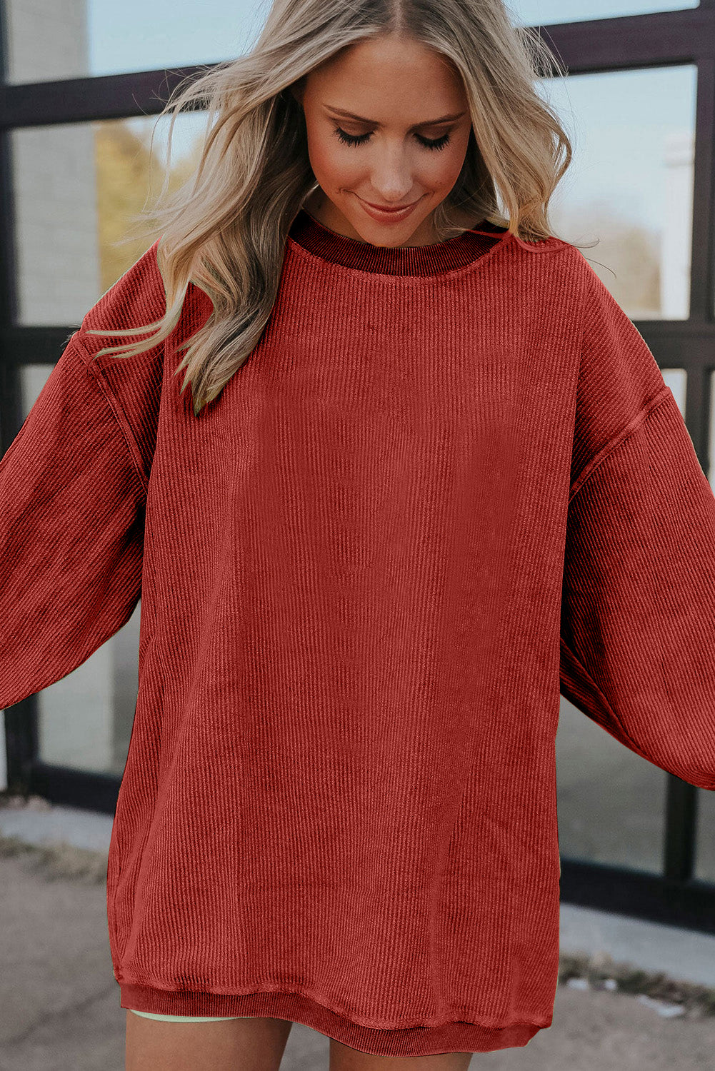 White Ribbed Corduroy Oversized Sweatshirt eAura