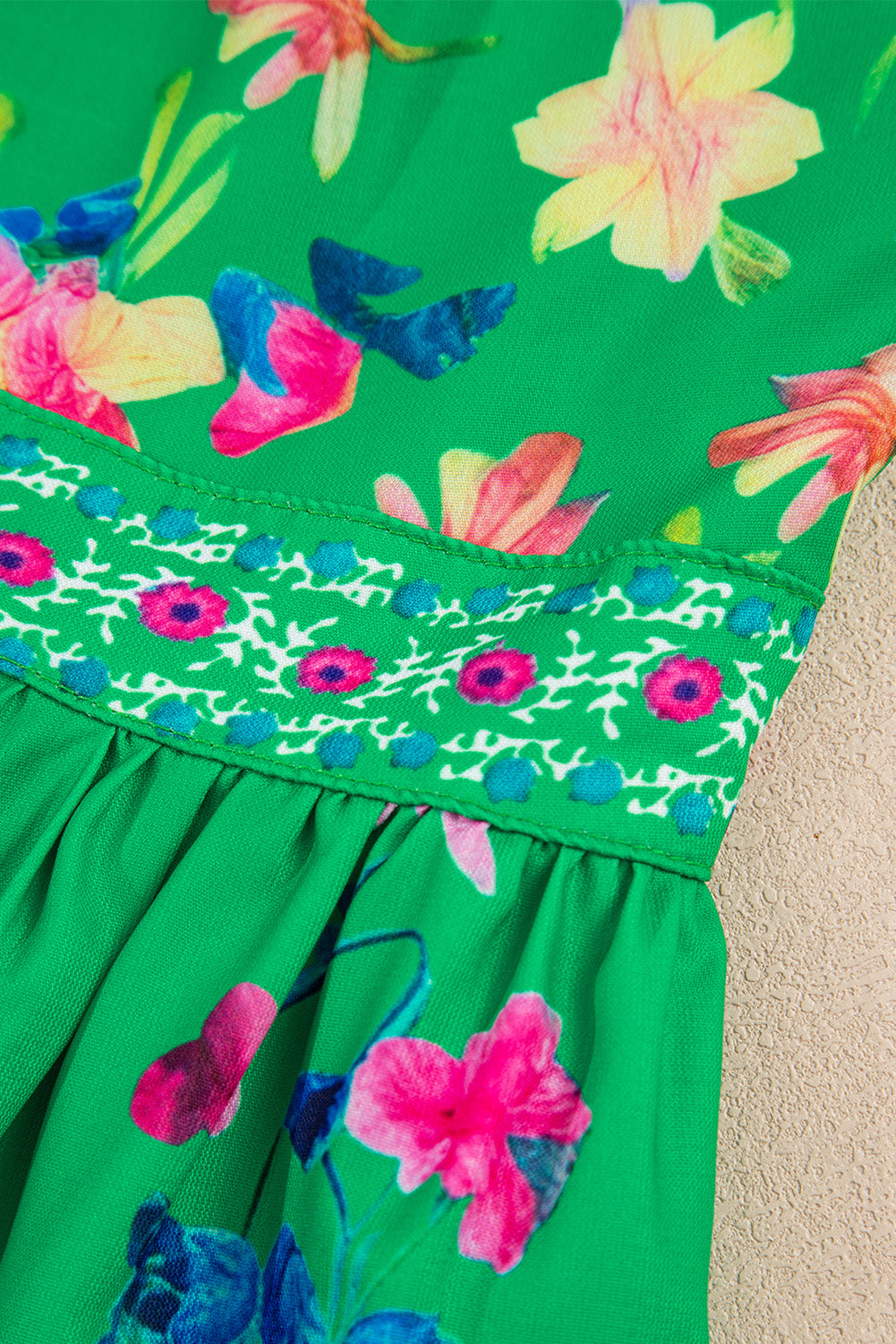 Green Floral Print Contrast Trim Knotted Straps Midi Dress eAura