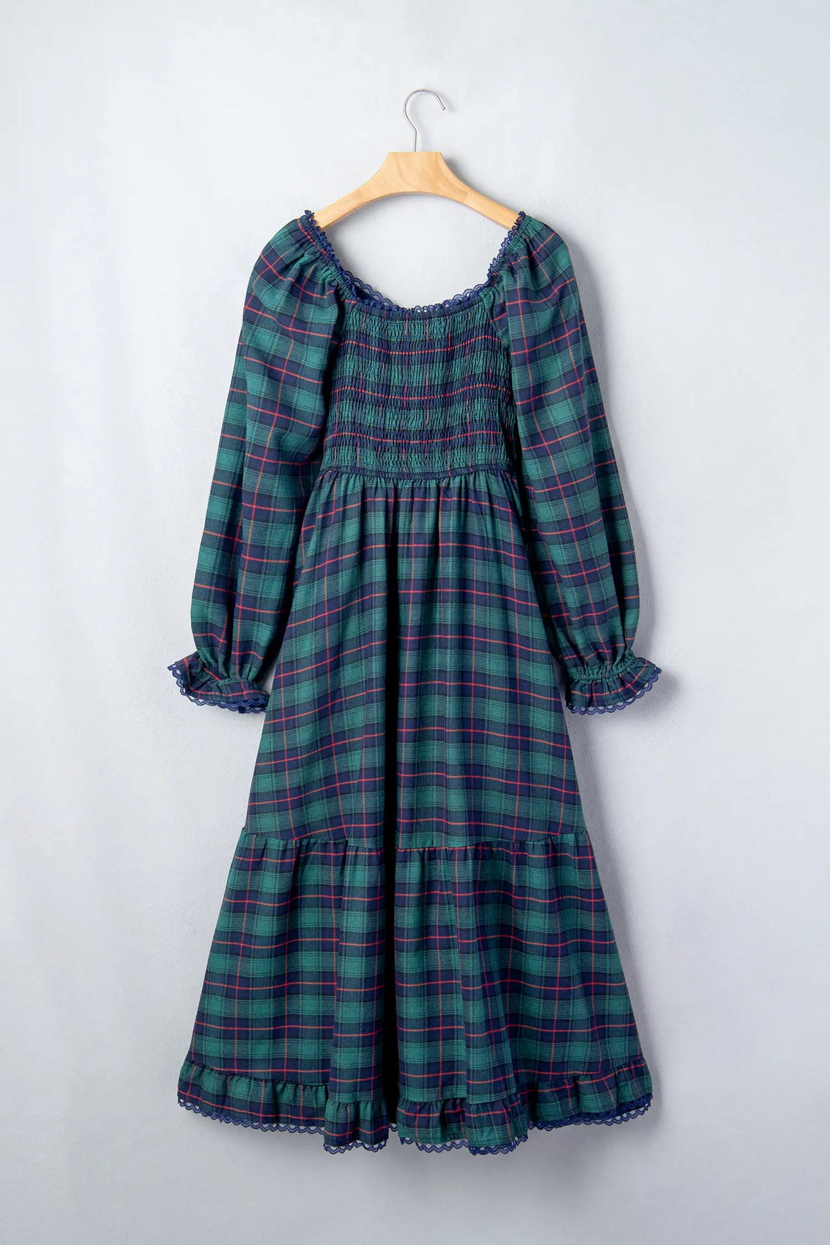 Vintage Plaid Square Neck Lace Trim Long Sleeve Shift Dress – Green