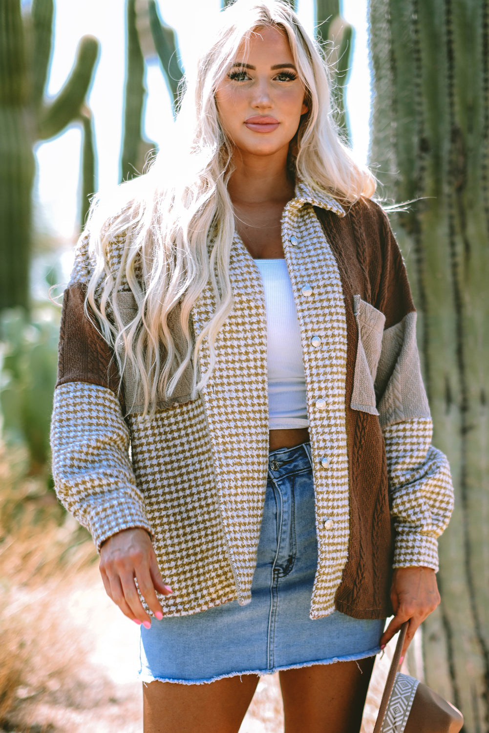 Khaki Houndstooth Colour Contrast Textured Patchwork Loose Shacket eAura