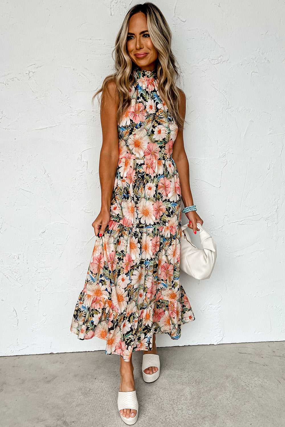 Black Boho Floral Print Knotted Halter Ruffled Maxi Dress BB Fashion Outlet