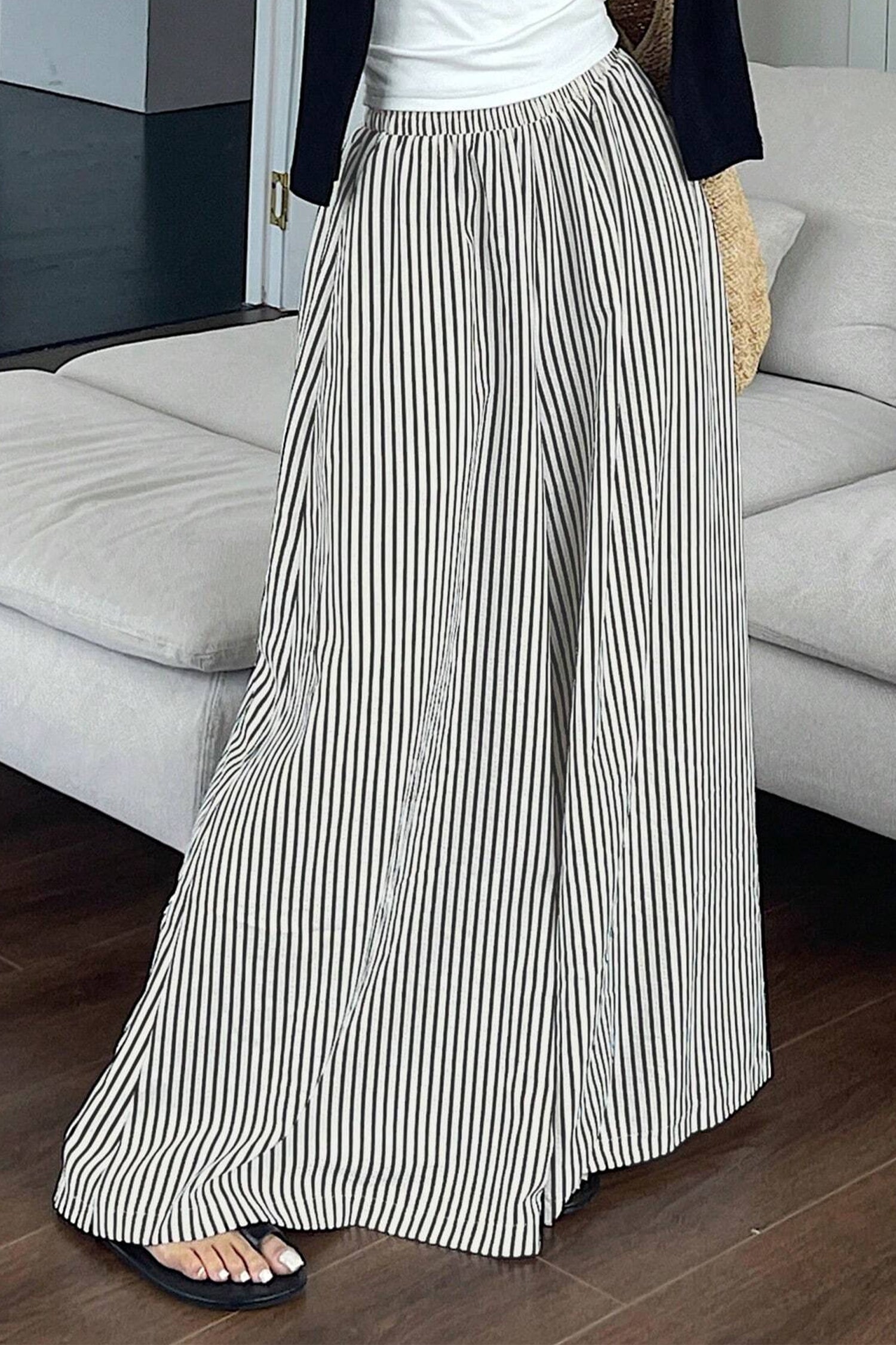 Black Stripe Ultra Wide Leg Trousers – Elastic Waist