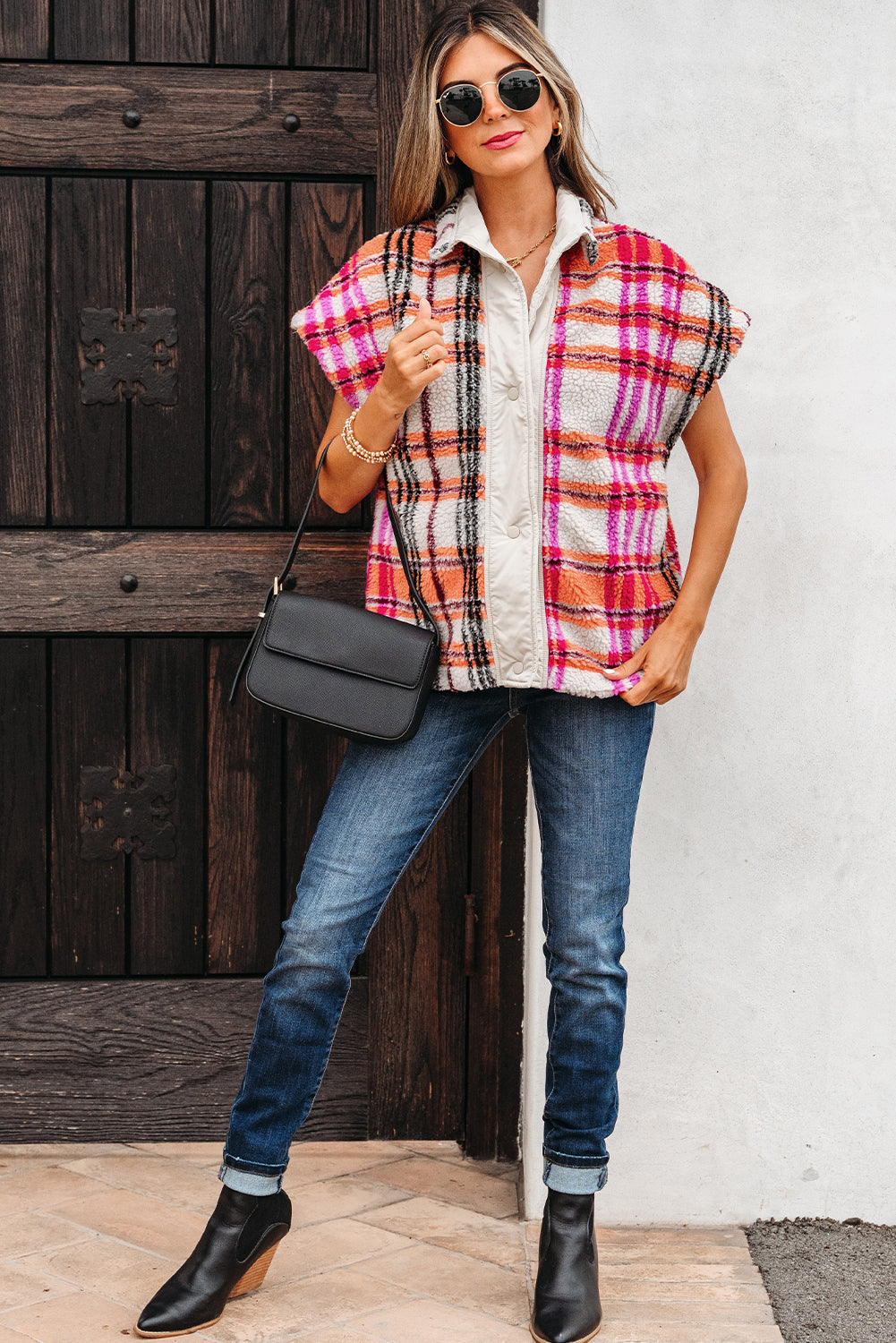 Rose Sherpa Plaid Jacket Gilet eAura