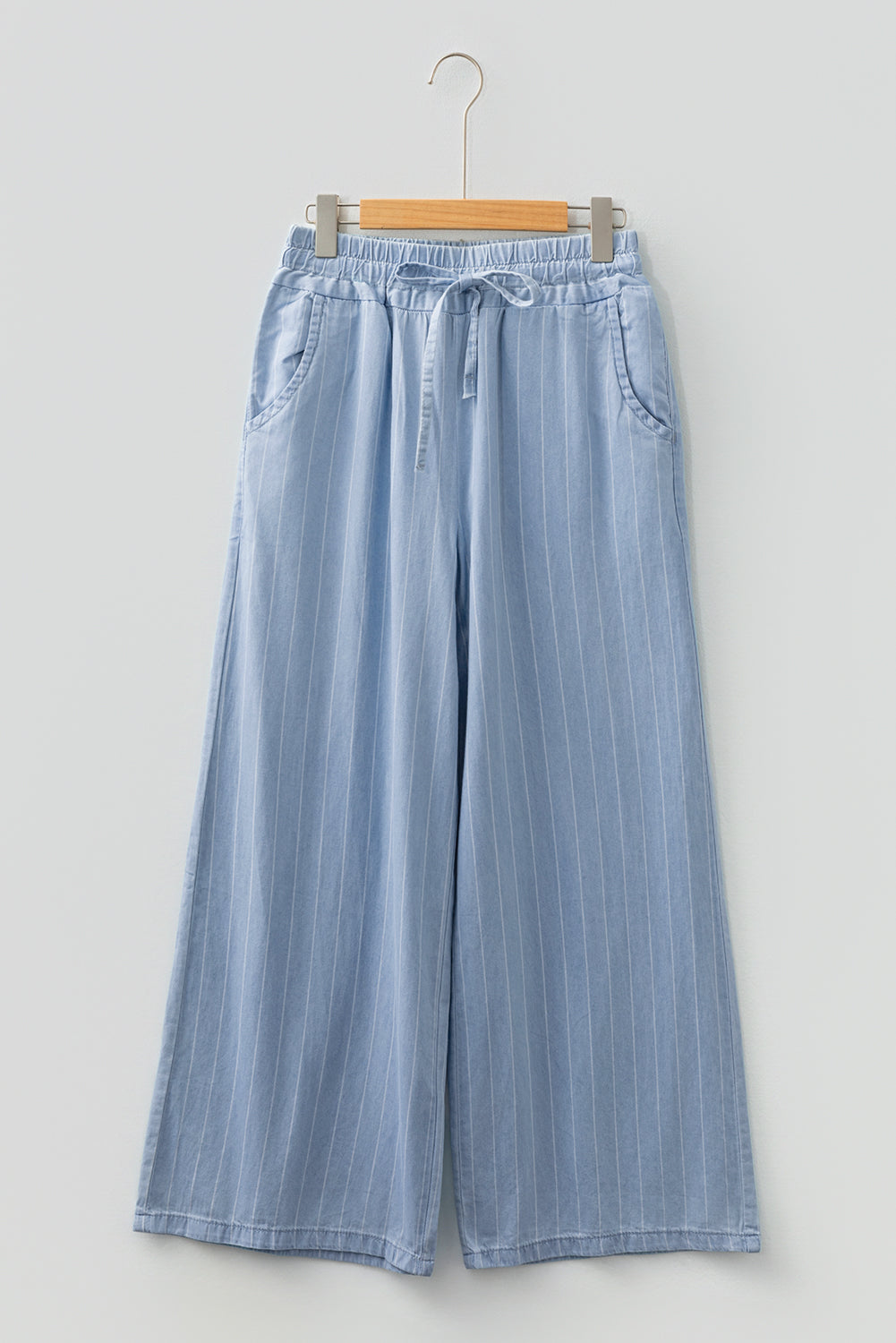 Stripe Chambray Wide Leg Tied Elastic Waist Trousers - eAura