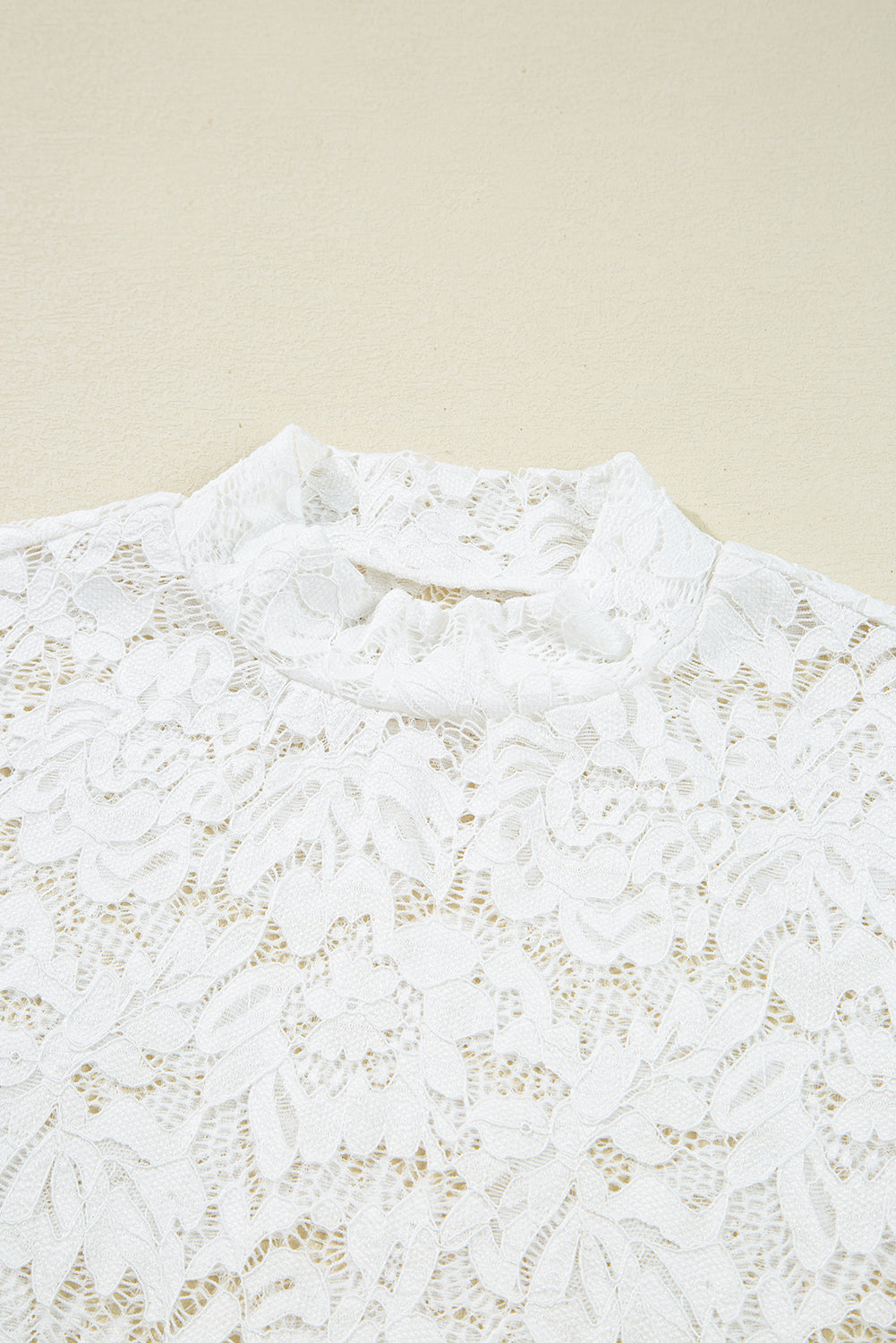 White Lace Crochet Bell Sleeve Mock Neck Blouse - eAura
