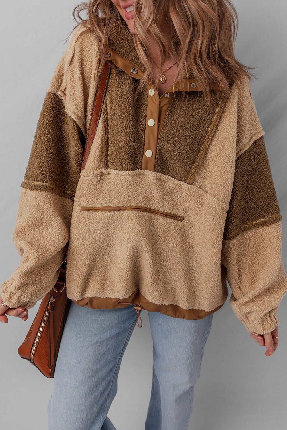 Colour Block Half Button Sherpa Sweatshirt - Tops/Sweatshirts & Hoodies