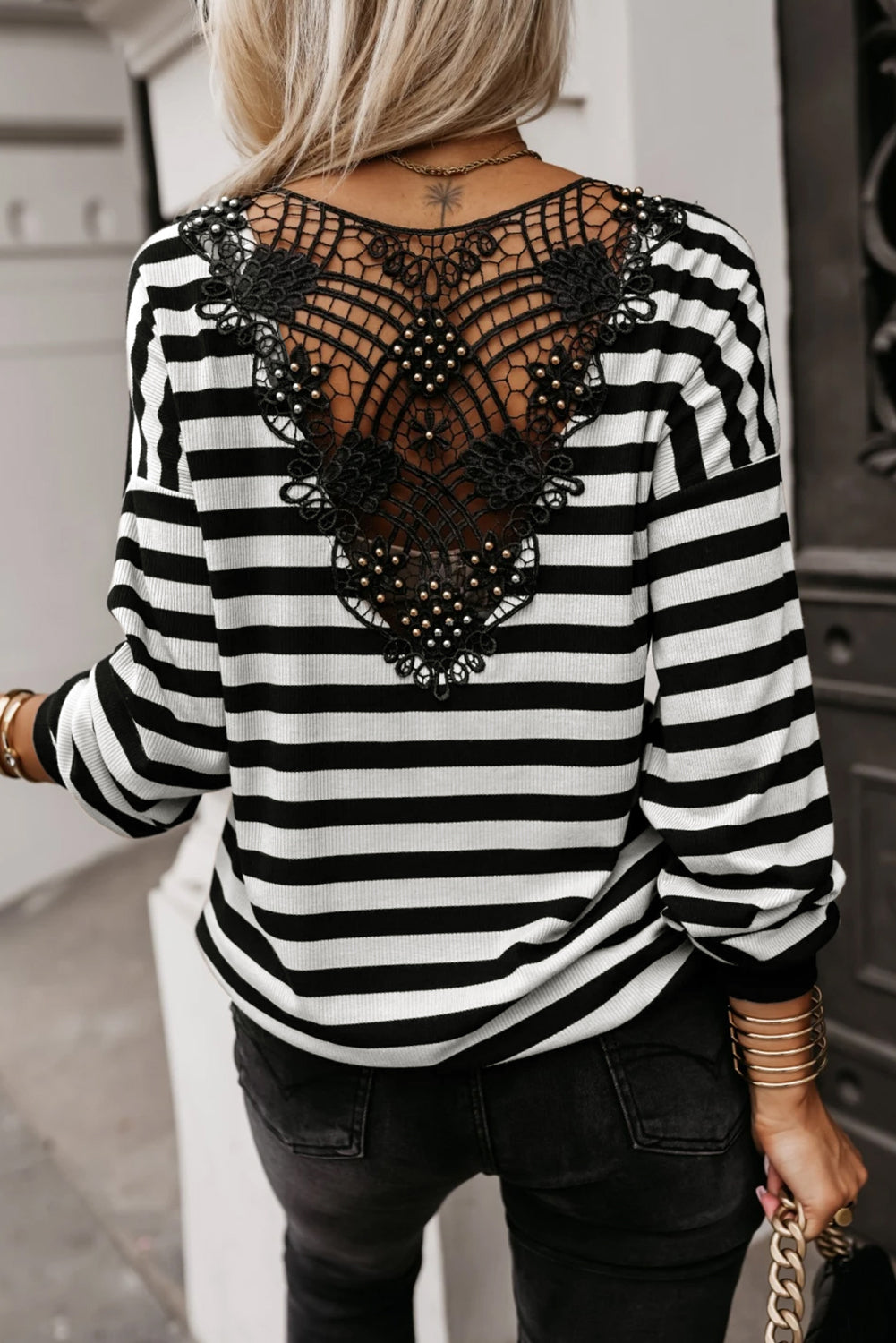 Black Stripe Crochet Hollow-out Back Buttoned Shoulder V Neck Top eAura