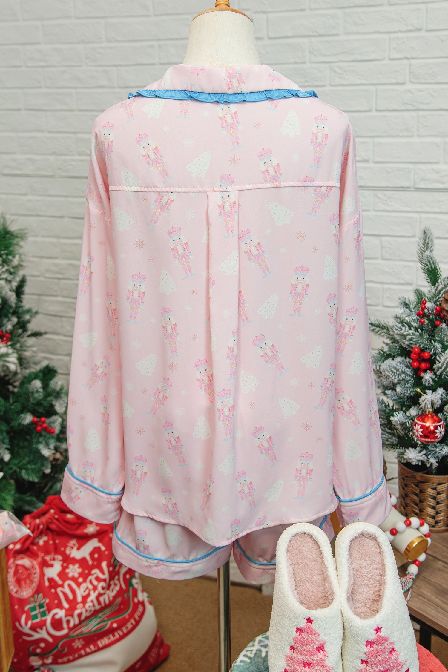 Bow Tie Front Christmas Nutcracker Long Sleeve Shirt Shorts Pajama Set - Loungewear & Sleepwear/Sleepwear