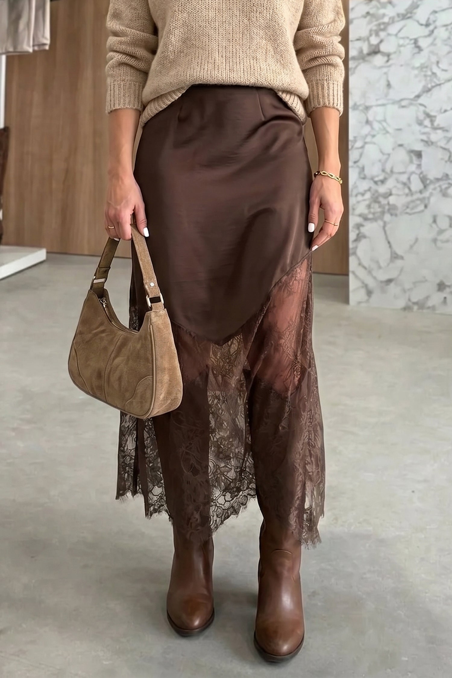 Lace Patchwork Hem Long Casual Shift Skirt – Dark Brown