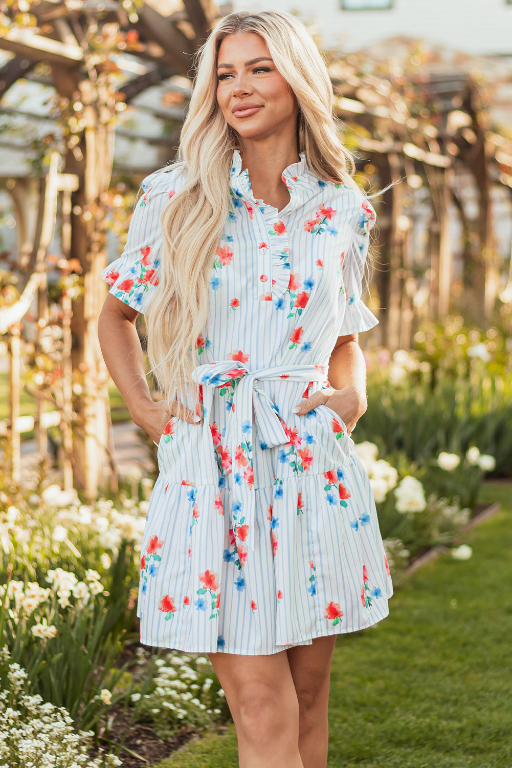 Sky Blue Stripe Floral Pattern Ruffle Short Sleeve Belted Mini Dress eAura