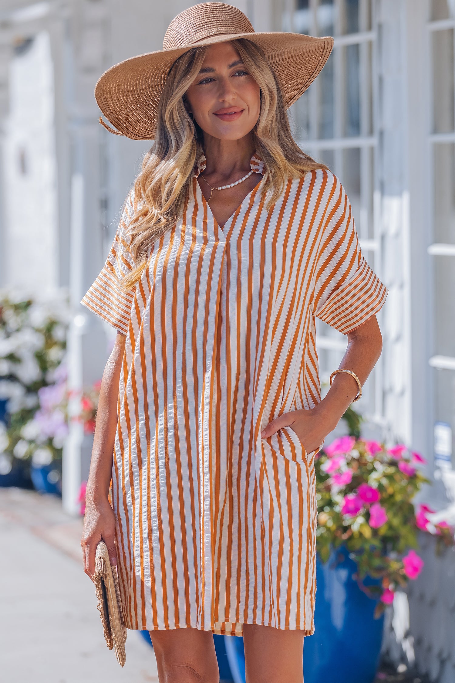 Stripe Pinched V-Neck Turn-Up Cuff Shift Mini Dress