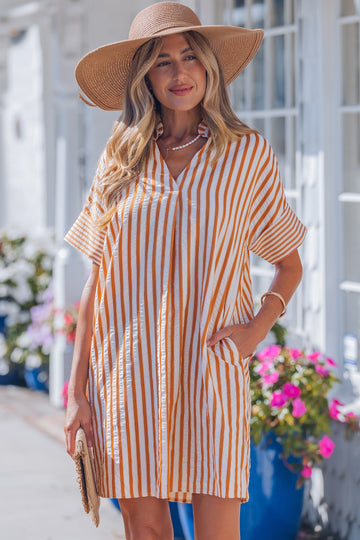 Stripe Pinched V-Neck Turn-Up Cuff Shift Mini Dress