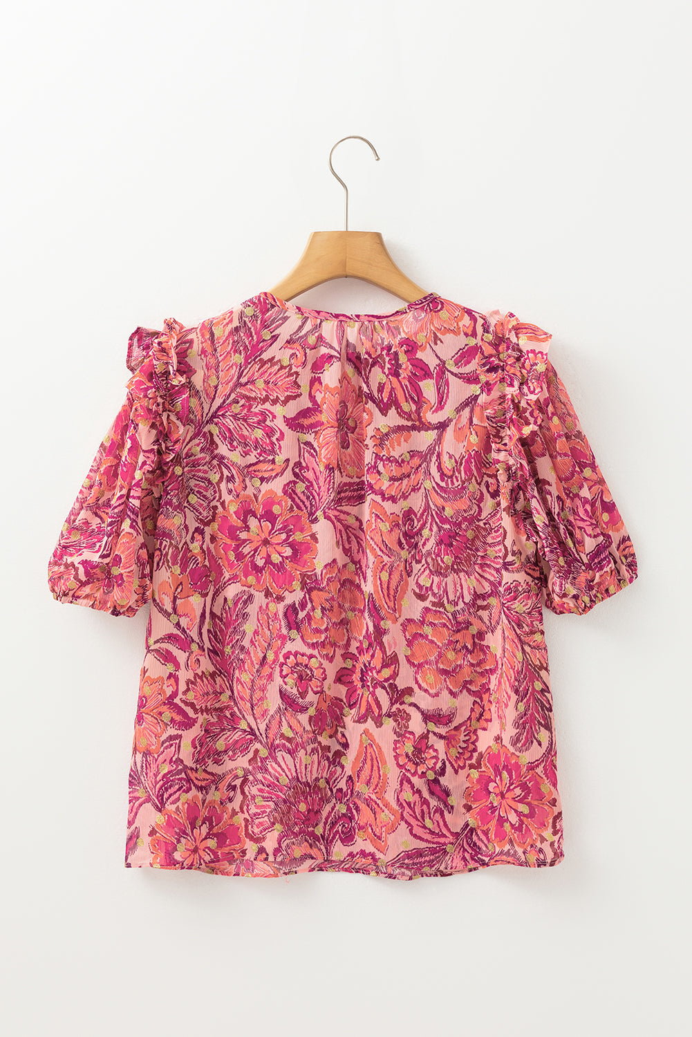 Red Floral Print Ruffled Puff Short Sleeve Blouse eAura