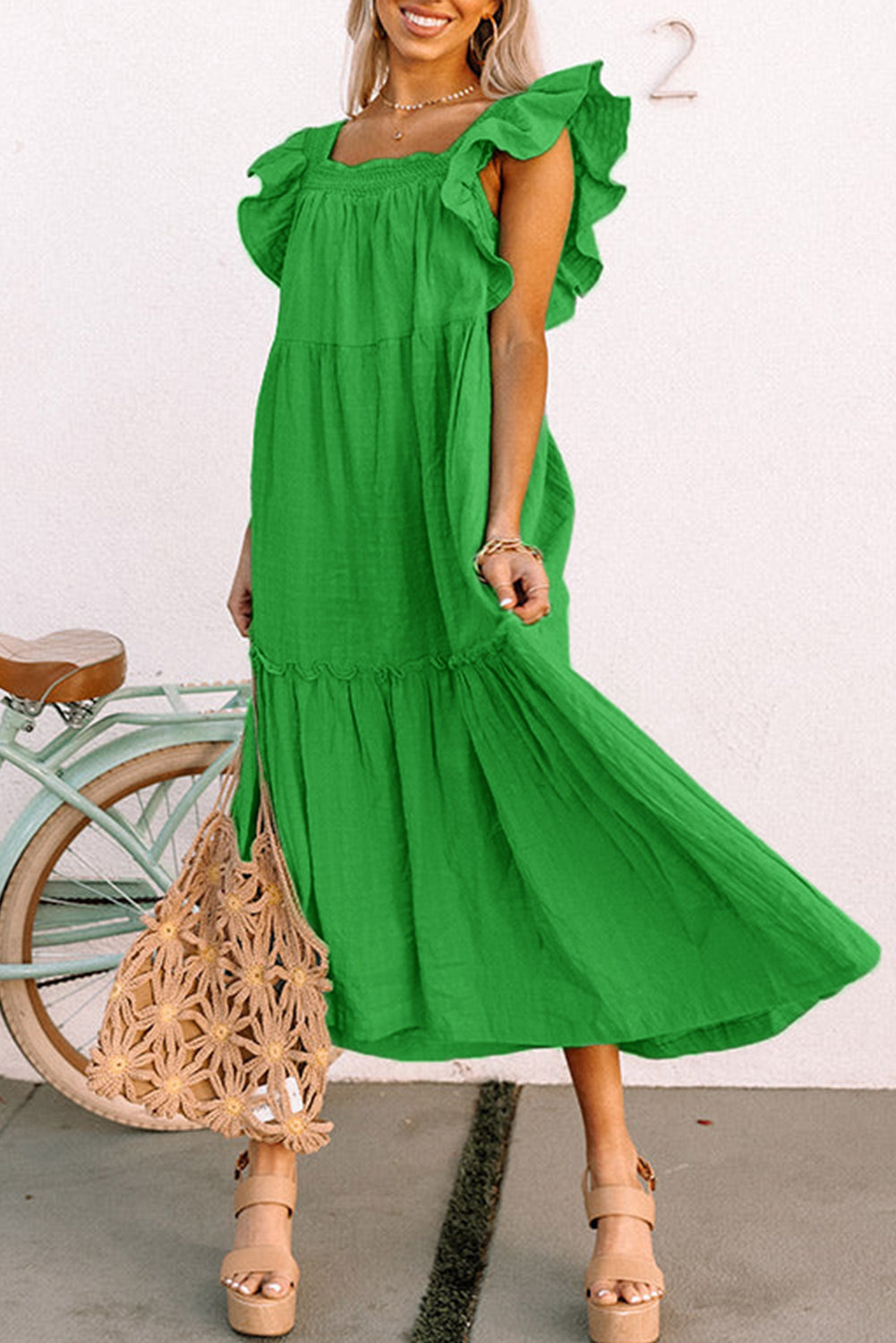 Green Ruffled Flutter Sleeve Square Neck Textured Tiered Maxi Dress Dear-Lover Dropshipping
