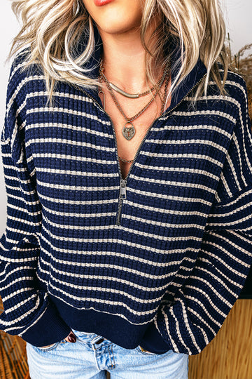 Textured Knit Half Zip Collared Long Sleeve Top – Blue Stripe