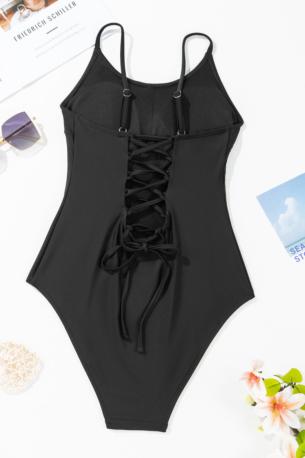 Black Thin Strap Strappy Lace-up Open Back One Piece Swimsuit eAura