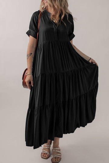 Hidden Button Short Sleeve Ruffle Tiered Flared Maxi Dress