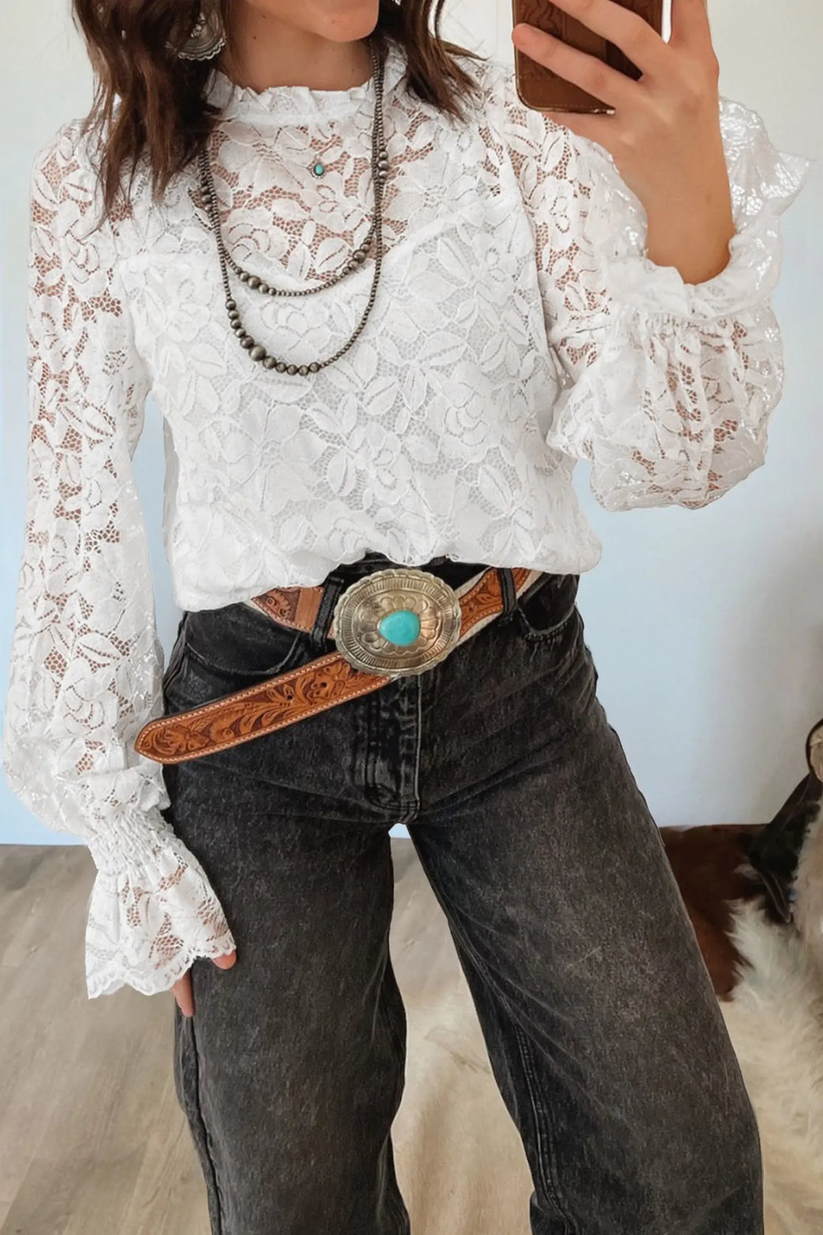 Ruffled Round Neck Long Flounce Sleeve Sheer Lace Blouse – White