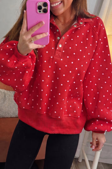 Polka Dot Print Metal Button Collar Casual Pullover Sweatshirt – Red