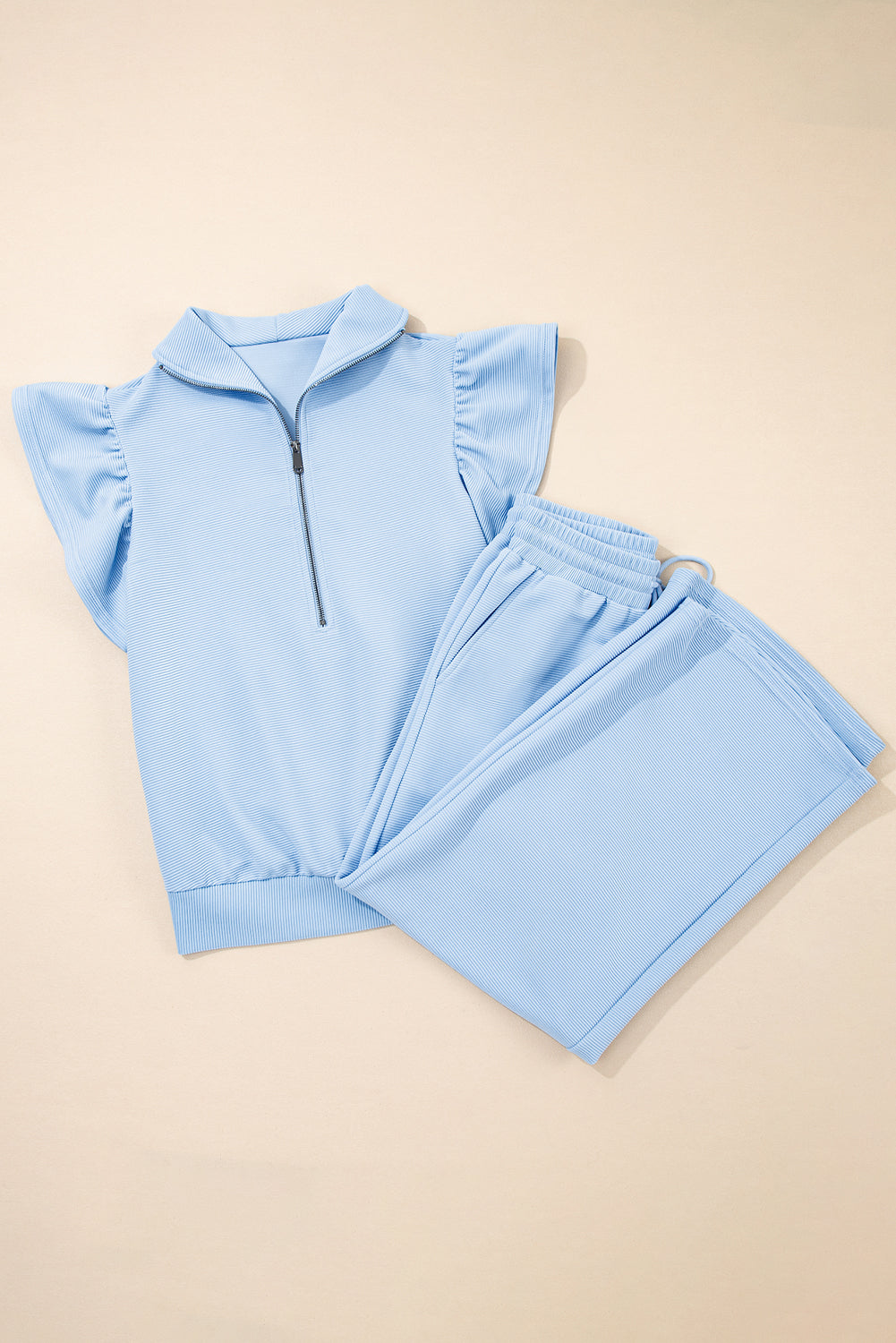 Beau Blue Textured Ruffled Sleeve Zipped Top and Wide Leg Trousers Set eAura