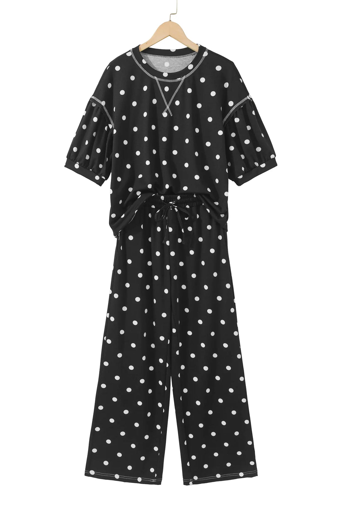 Polka Dot Half Sleeve Loose Top Elastic Waist Casual Pants Set – Beige