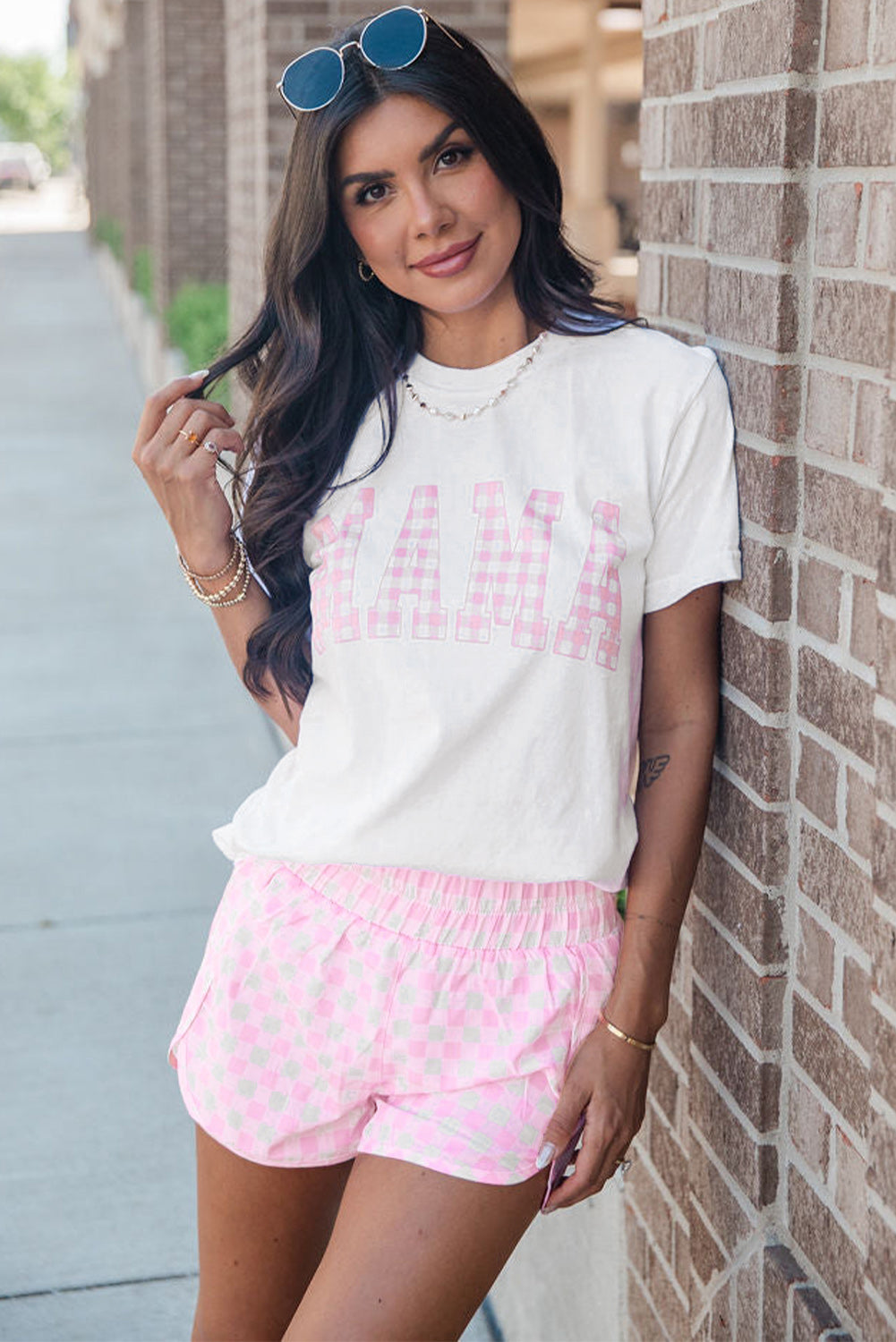 White MAMA Printed Tee and Plaid Shorts Lounge Set eAura