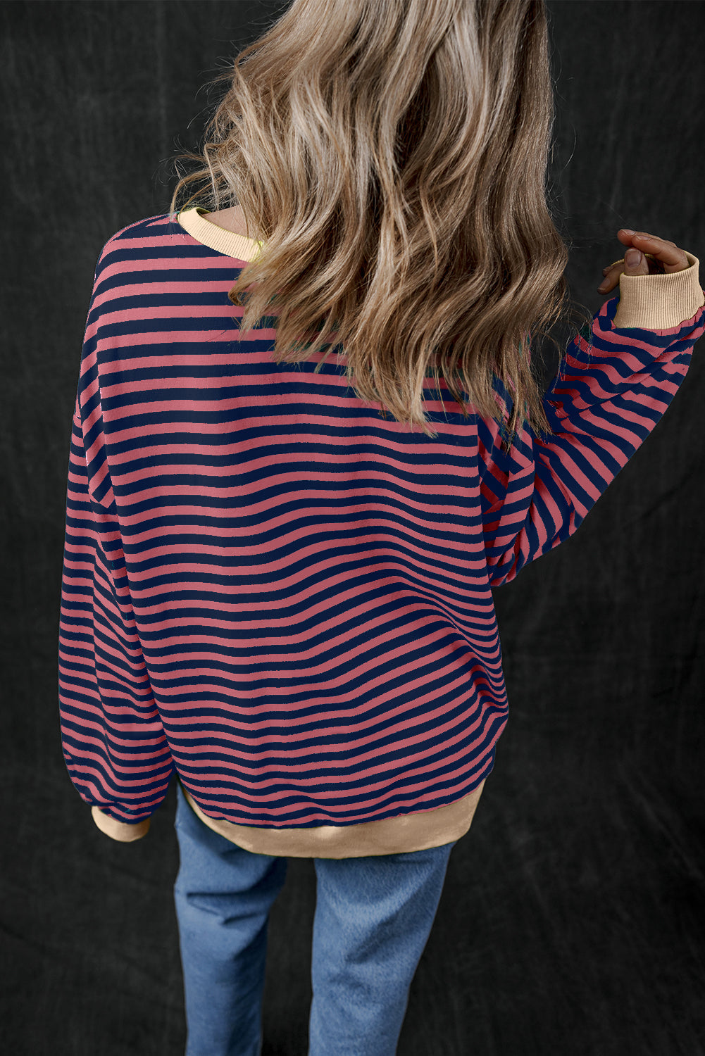 Sky Blue Stripe Oversized Contrast Trim Pullover Sweatshirt BB Fashion Outlet