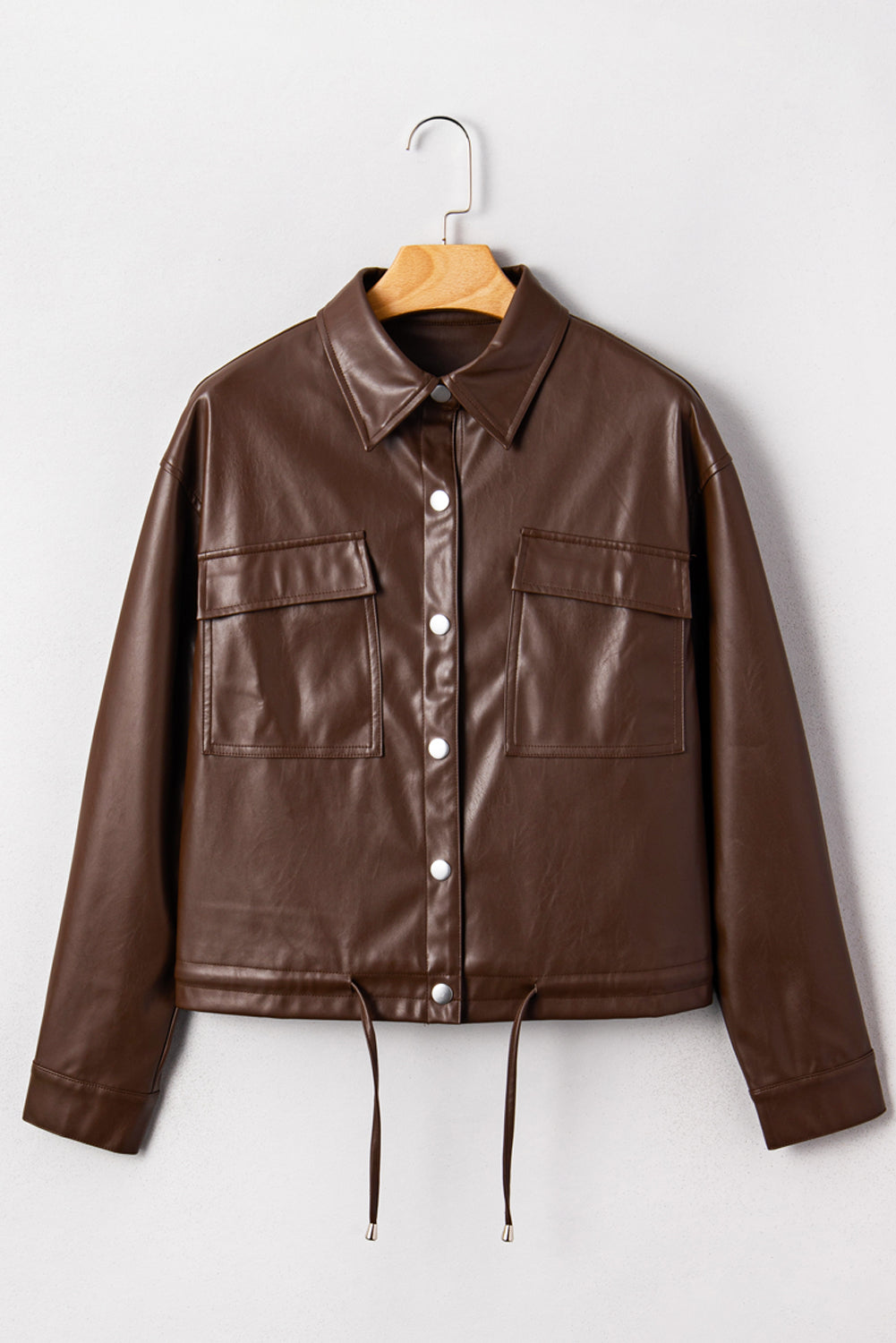 Brown Double Flap Pocket Drawstring Hem Leather Jacket eAura