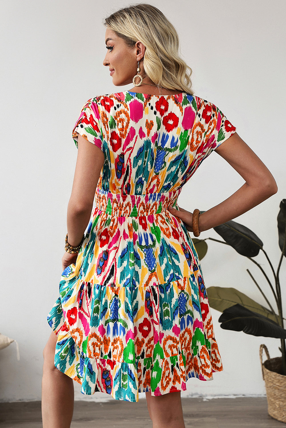 Abstract Print V-Neck Dolman Sleeve Ruffle Tiered Mini Dress