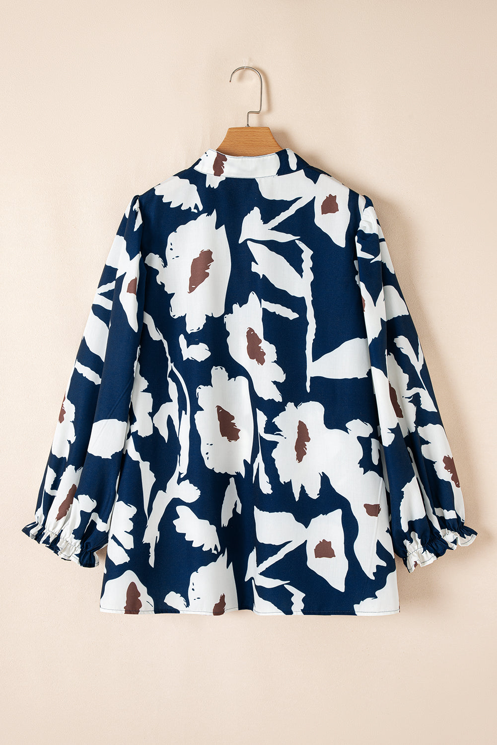 Sail Blue Abstract Floral Print Puff Sleeve Half Button Blouse eAura