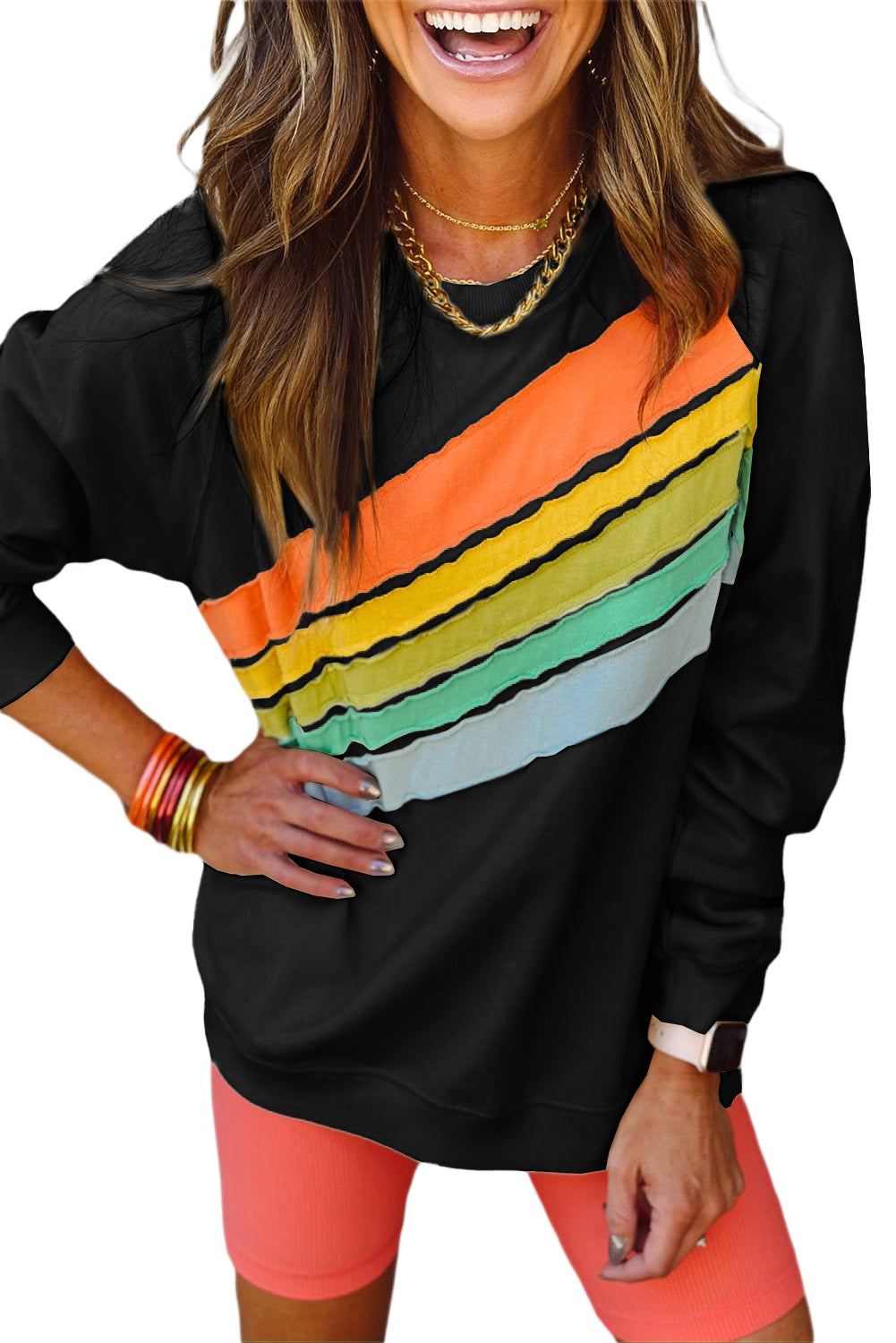 Black Rainbow Colourblock Striped Pullover Sweatshirt eAura