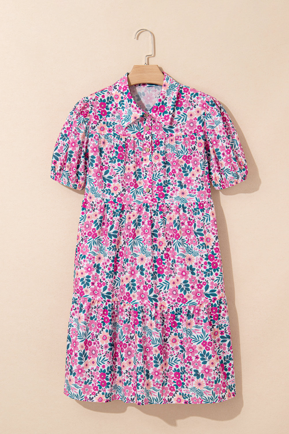 Pink Floral Collared Half Placket Short Sleeve Loose Dress eAura