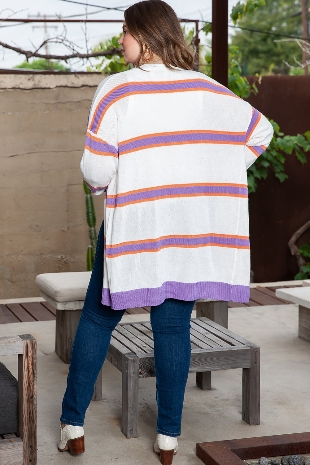 Beige Plus Size Striped Dropped Shoulder Sweater Cardigan BB Fashion Outlet