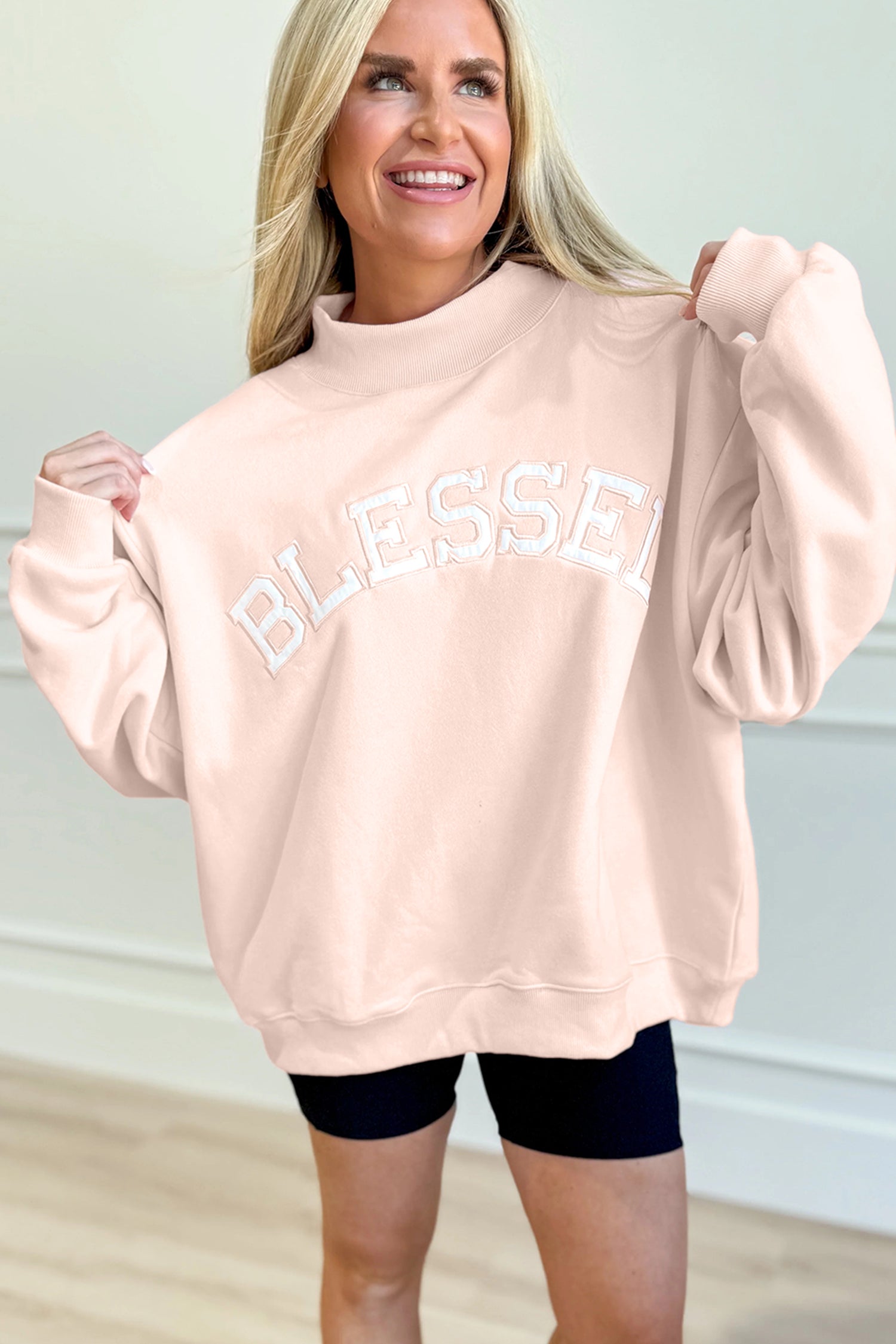 Oversized 'Blessed' Embroidered Mock Neck Sweatshirt - eAura