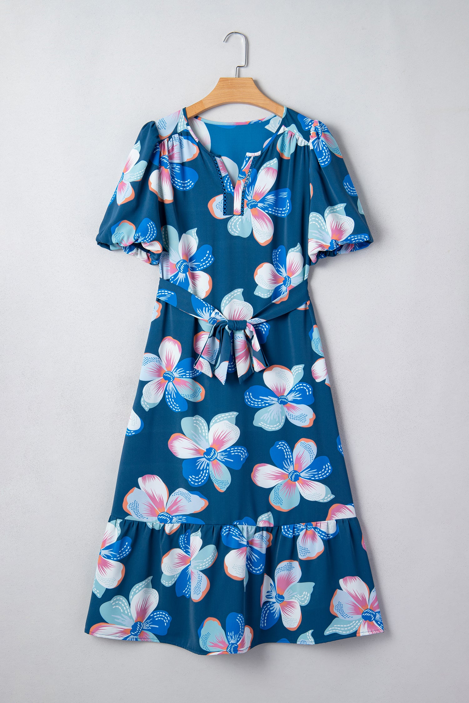 Blue Floral Print Short Puff Sleeve Ruffle Hem Belted Long Dress