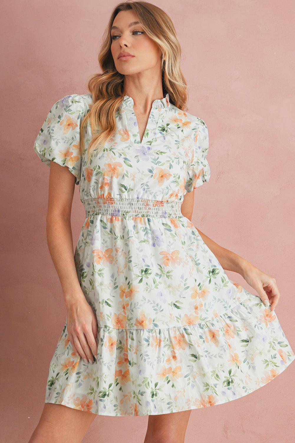 Floral Print Smocked Puff Sleeve Mini Dress