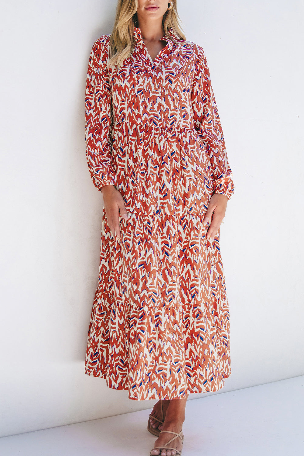 Orange Abstract Print V Neck Pleated High Waist Midi Dress eAura