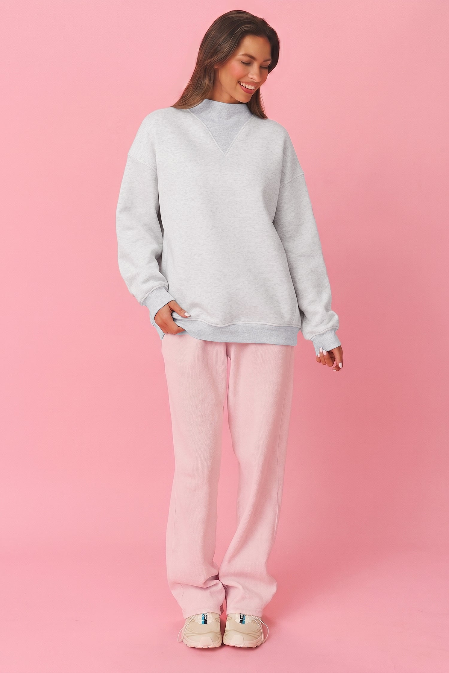 High Neck Ribbed Cuff Hem Sweatshirt – Light Grey