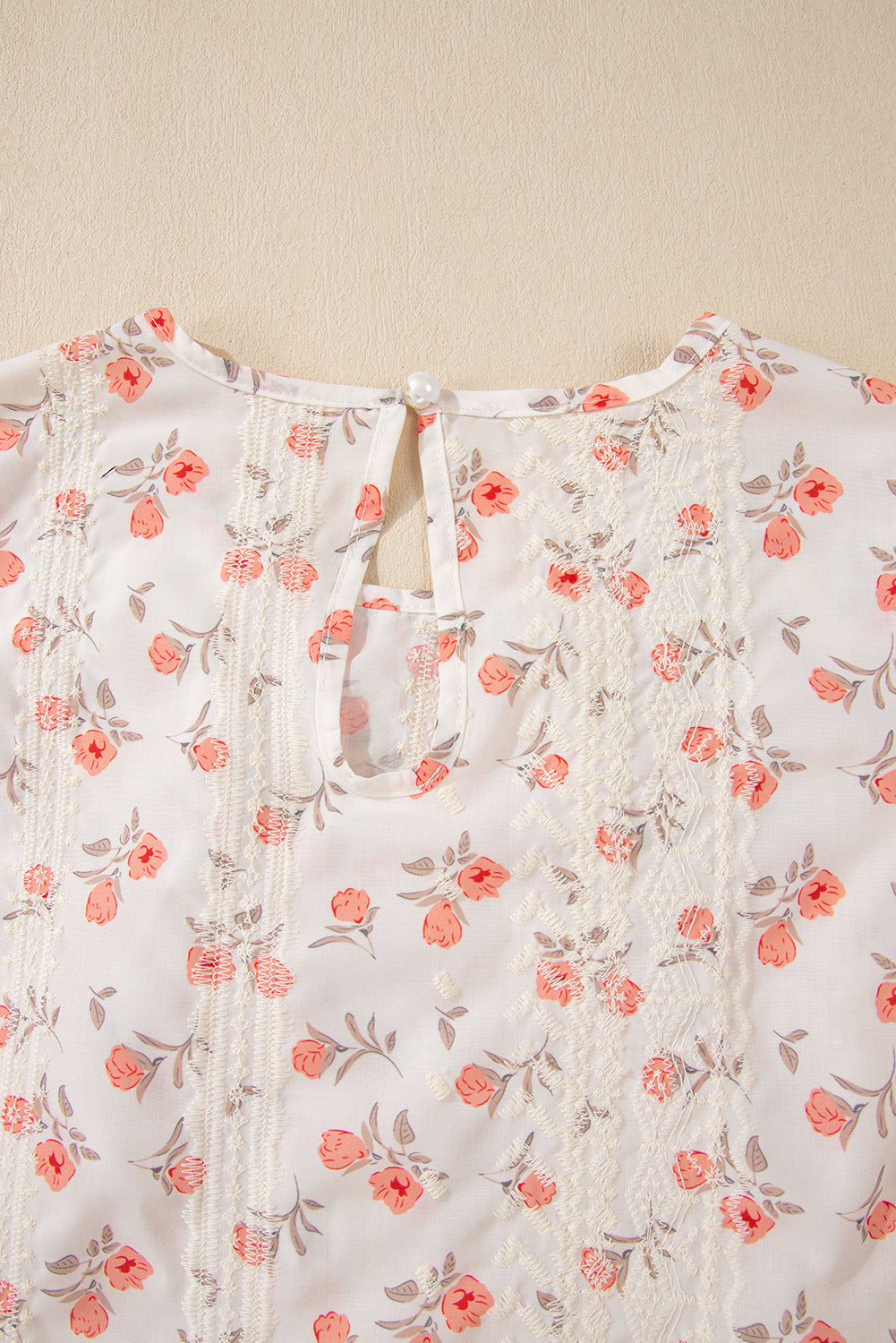 Pink Floral Print Embroidery Detail Crochet Cap Sleeve Blouse eAura