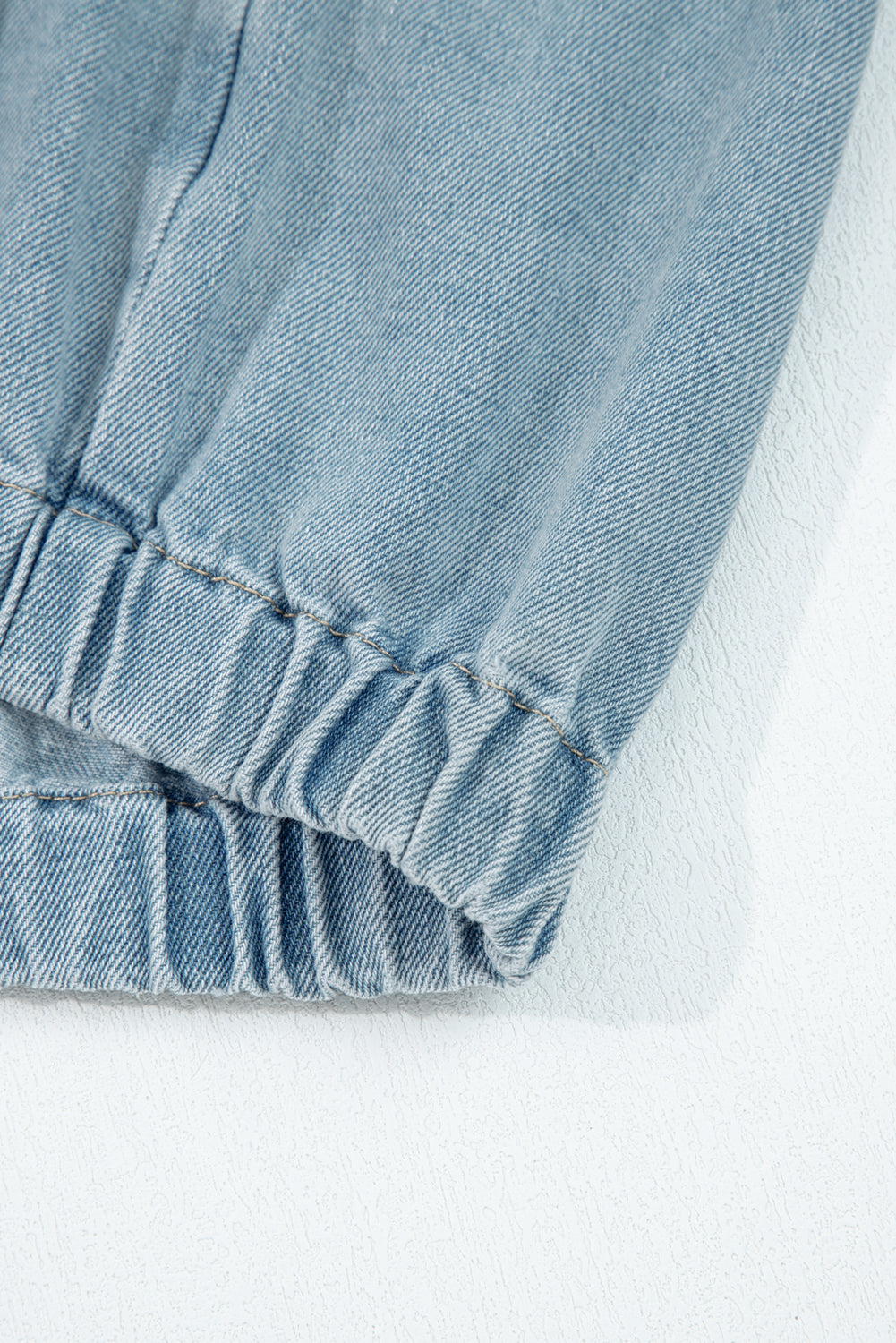 Blue Elastic Edge Collared Zip Up Denim Jacket With Pocket eAura