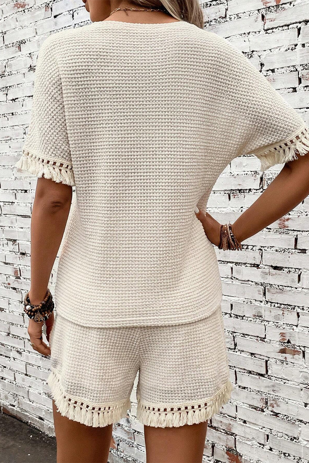 Beige Fringe Trim Textured Short Two Piece Set Co-ord BB Fashion Outlet