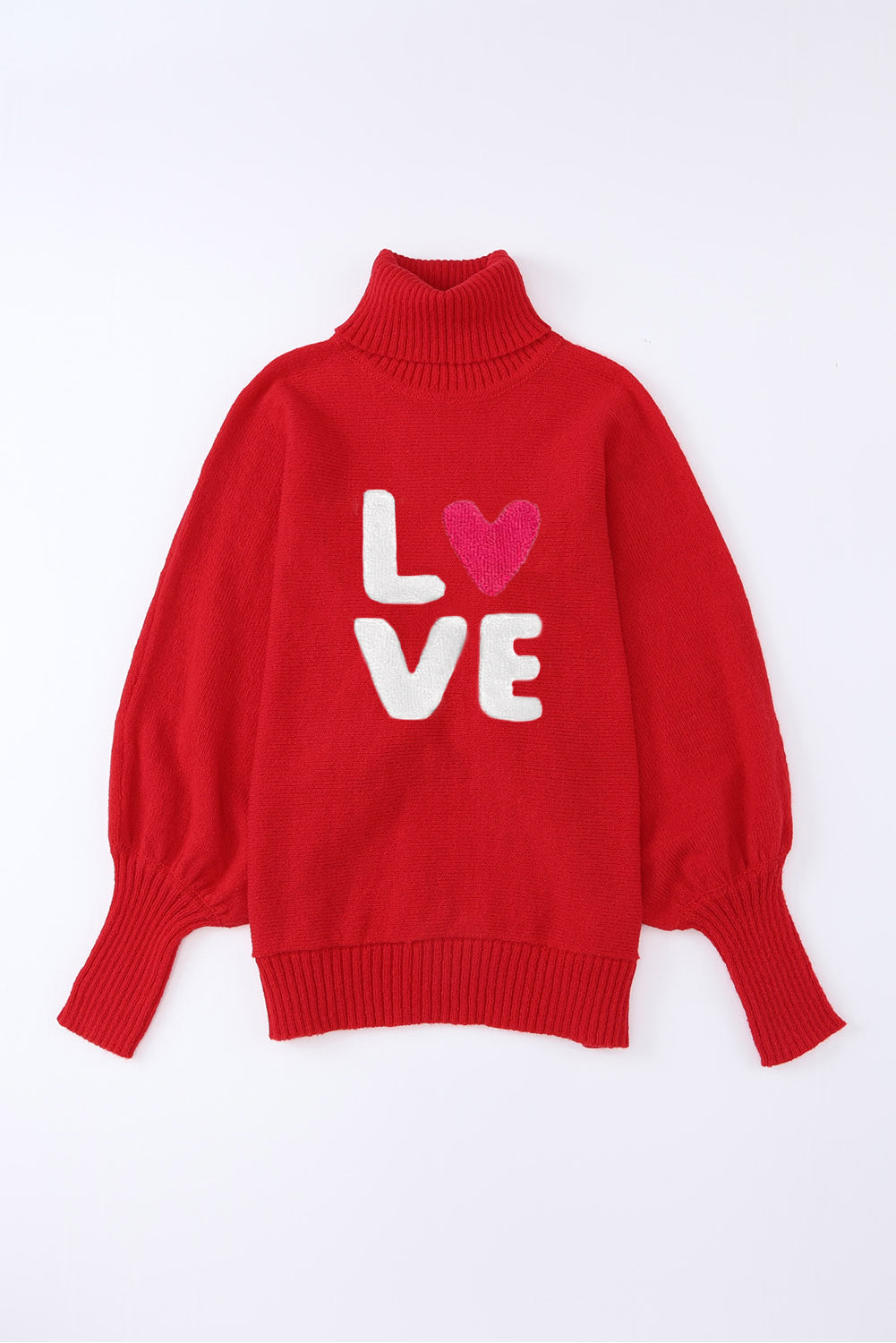 Racing Red Valentine LOVE Letter Embroidered High Neck Sweater eAura