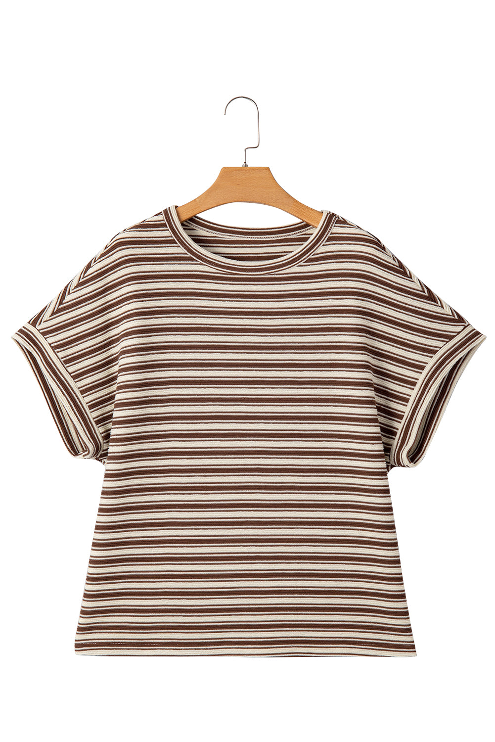 Brown Stripe Textured Side Slits Crew Neck T Shirt eAura
