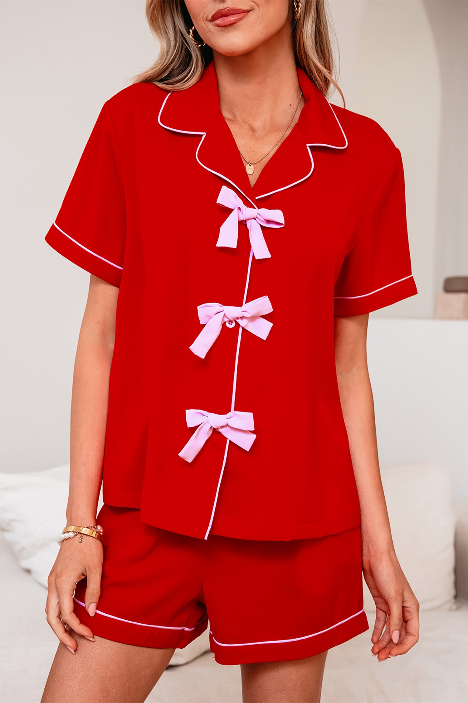 Contrast Trim Ribbon Bow Short Silky 2pcs Pajama Set – Fiery Red