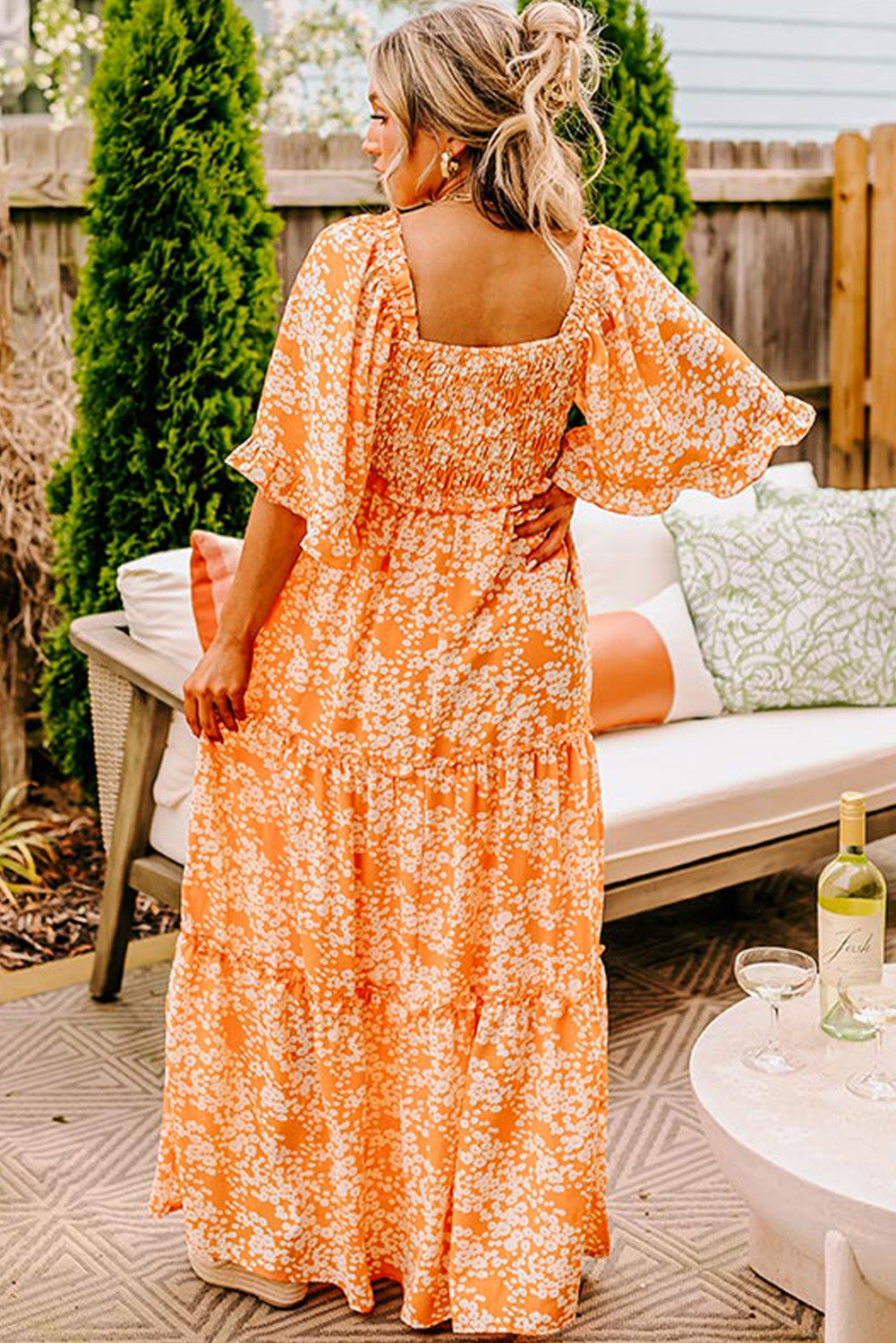 Orange Floral Print Smocked V Neck Wide Sleeve Maxi Dress BB Fashion Outlet