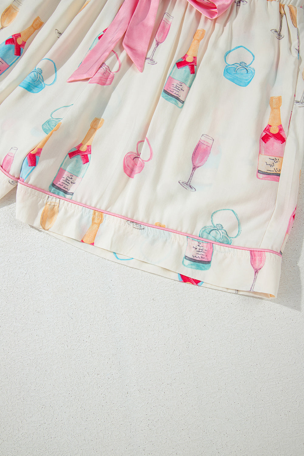 White Christmas Wine Glass Print Bow Knot Two Piece Pyjama Set - eAura