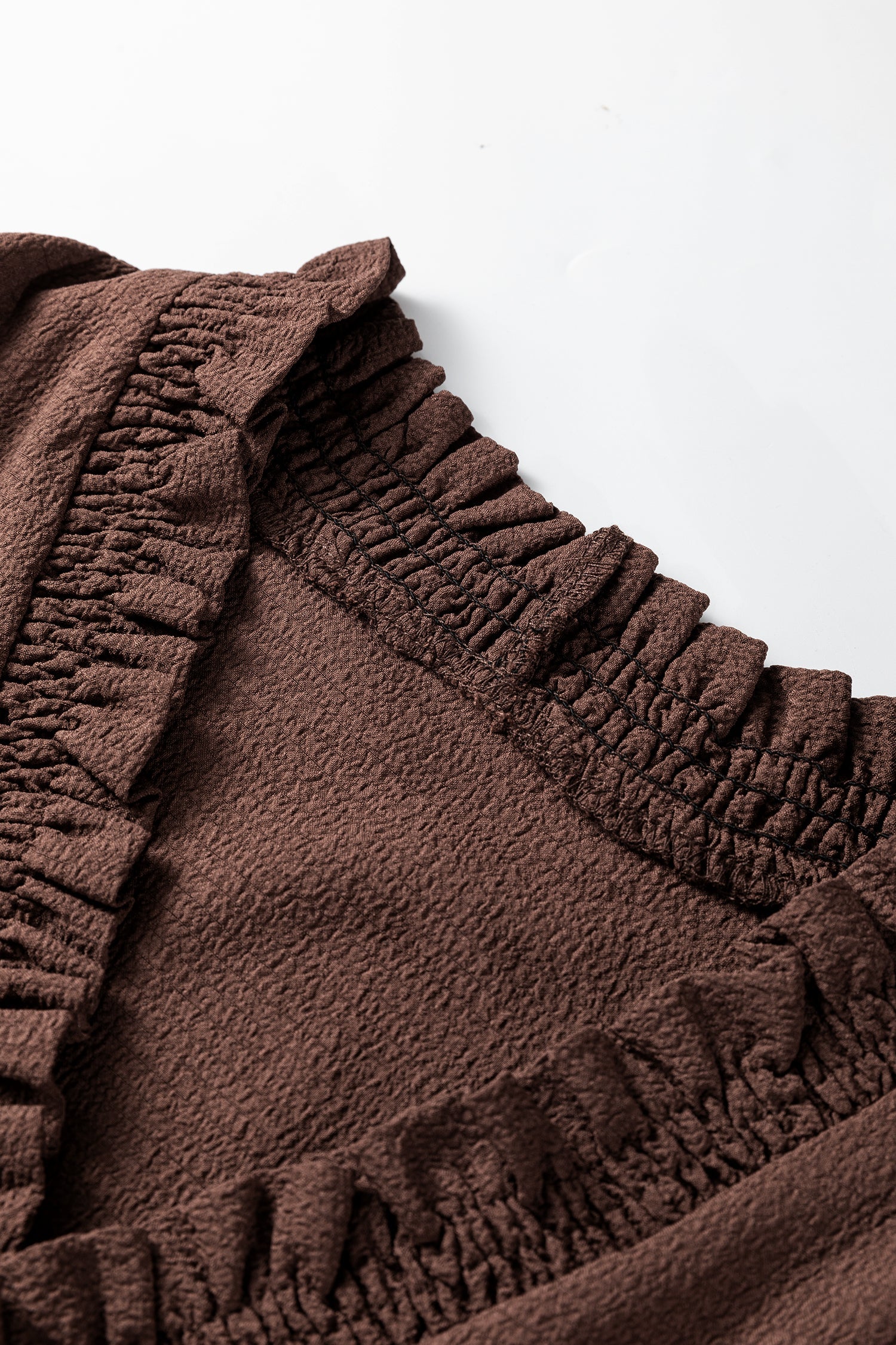 Plus Size Frilled Trim V-Neck Puff Sleeve Textured Mini Dress - eAura