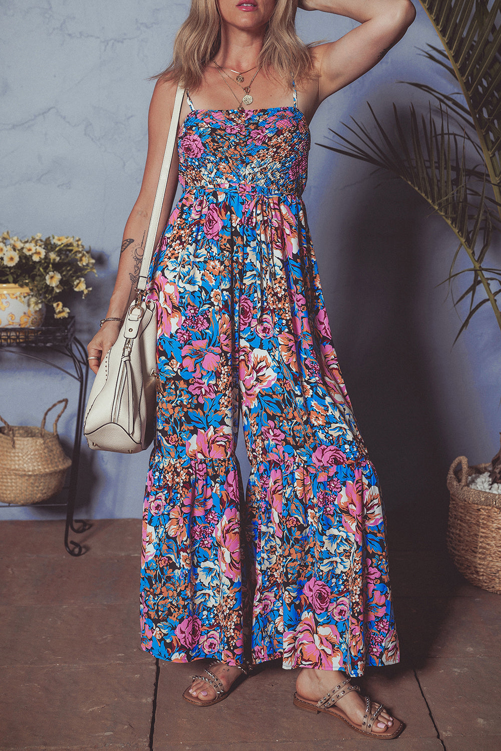 Pink Floral Smocked Bust Spaghetti Straps Wide Leg Jumpsuit eAura