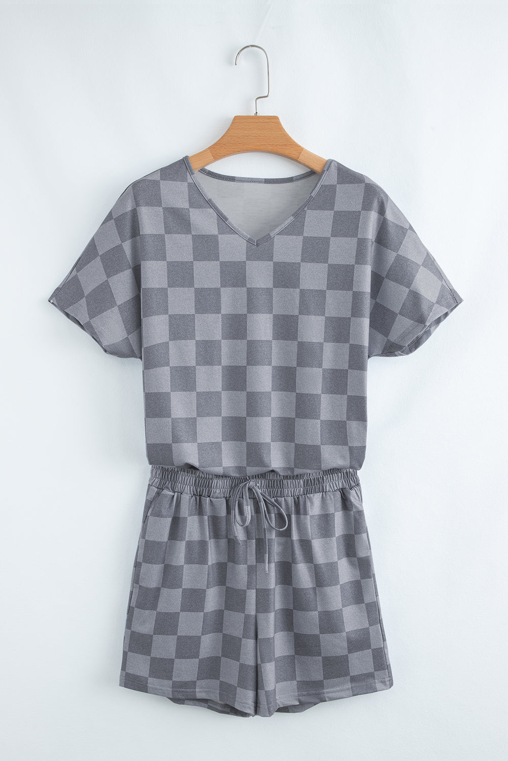 Grey Checkered V Neck Tee Drawstring Shorts Lounge Set eAura