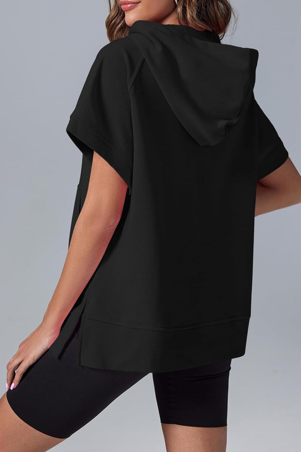 Black Half Zipper Kangaroo Pocket Short Sleeve Hoodie eAura